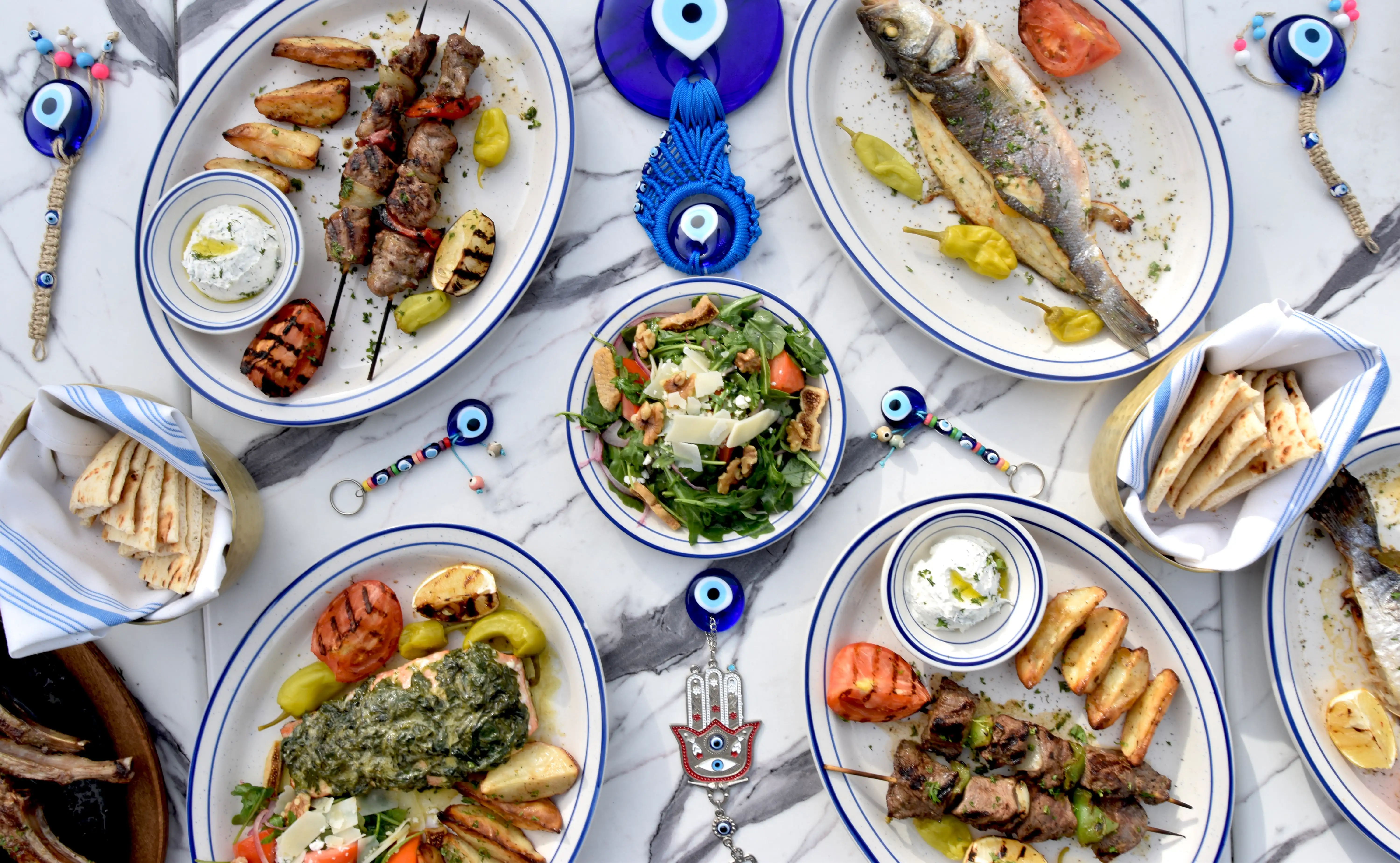 A traditional Cypriot meze spread with many small dishes